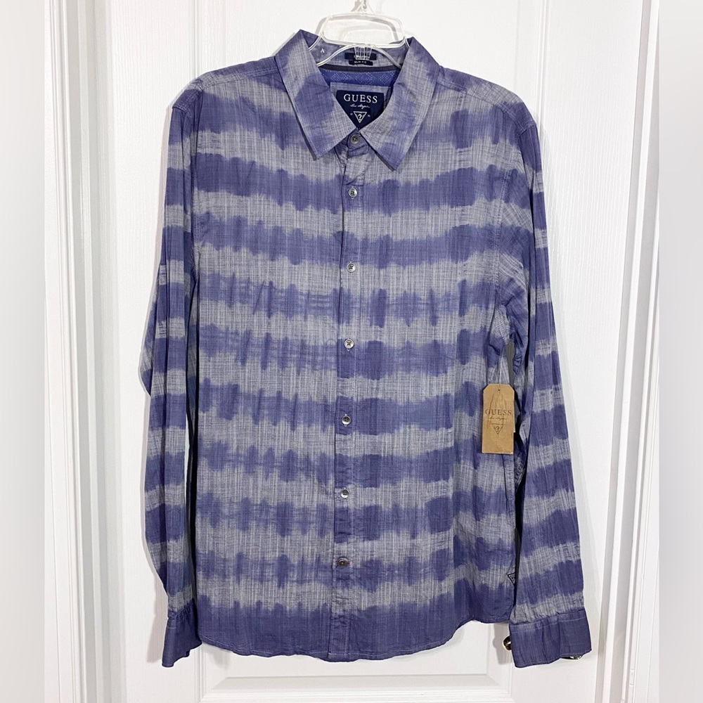 NWT Guess Slim Fit Tie Dye Button Down Shirt Blue Gray Men’s Large
